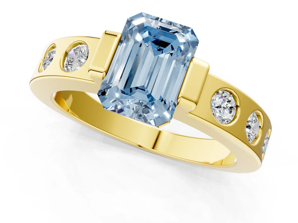 Yellow gold Fancy Blue Emerald Cut Brilliant Channel-Set Diamond Ring with Bezel Prong Setting