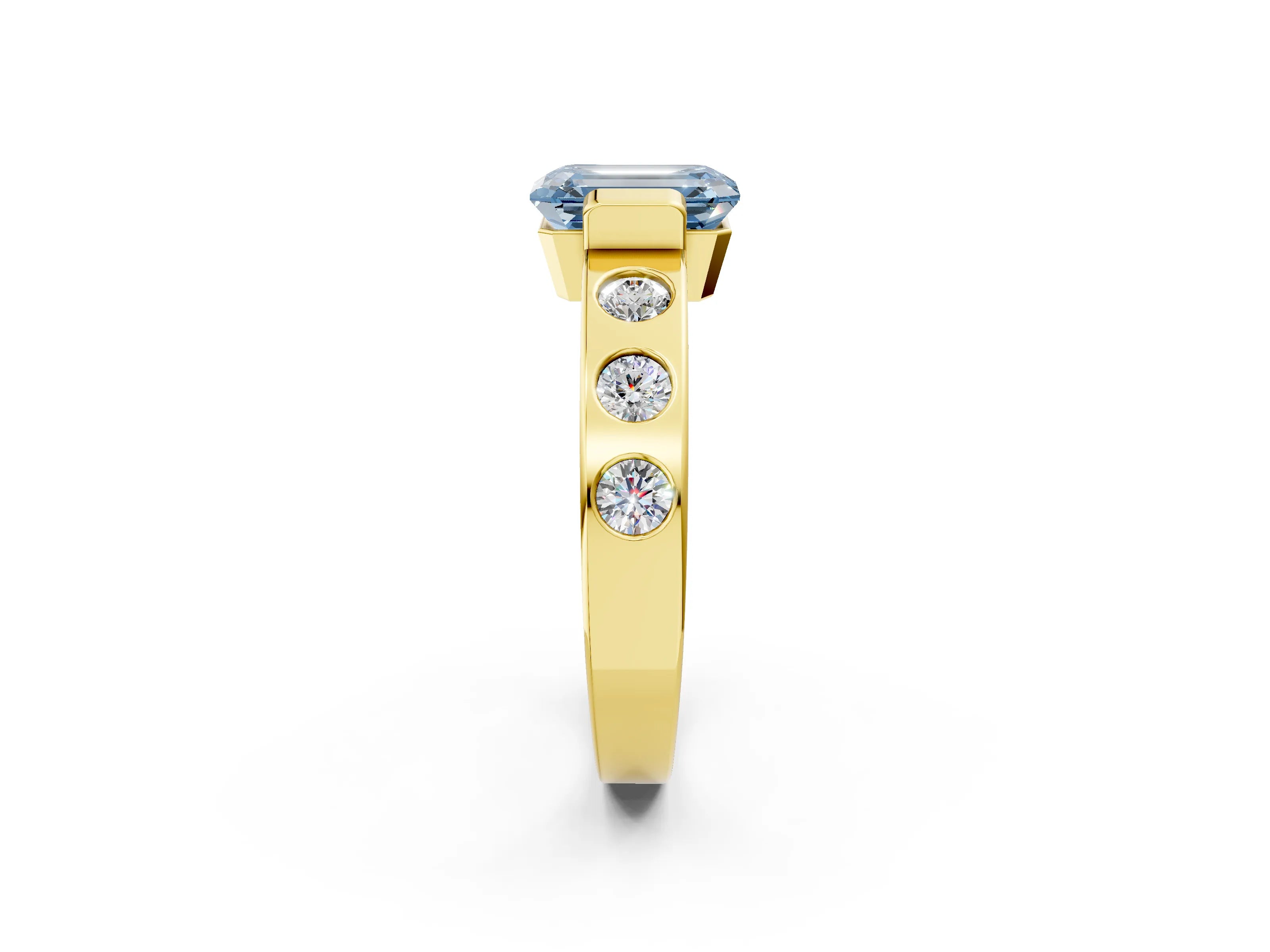 Yellow gold Fancy Blue Emerald Cut Brilliant Channel-Set Diamond Ring with Bezel Prong Setting_2