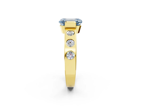 Yellow gold Fancy Blue Emerald Cut Brilliant Channel-Set Diamond Ring with Bezel Prong Setting