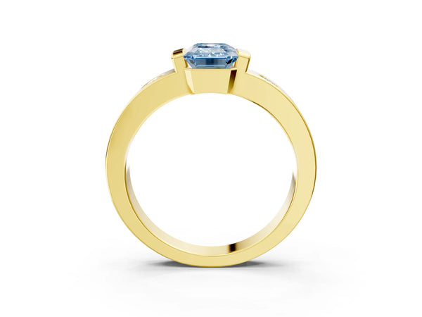 Yellow gold Fancy Blue Emerald Cut Brilliant Channel-Set Diamond Ring with Bezel Prong Setting