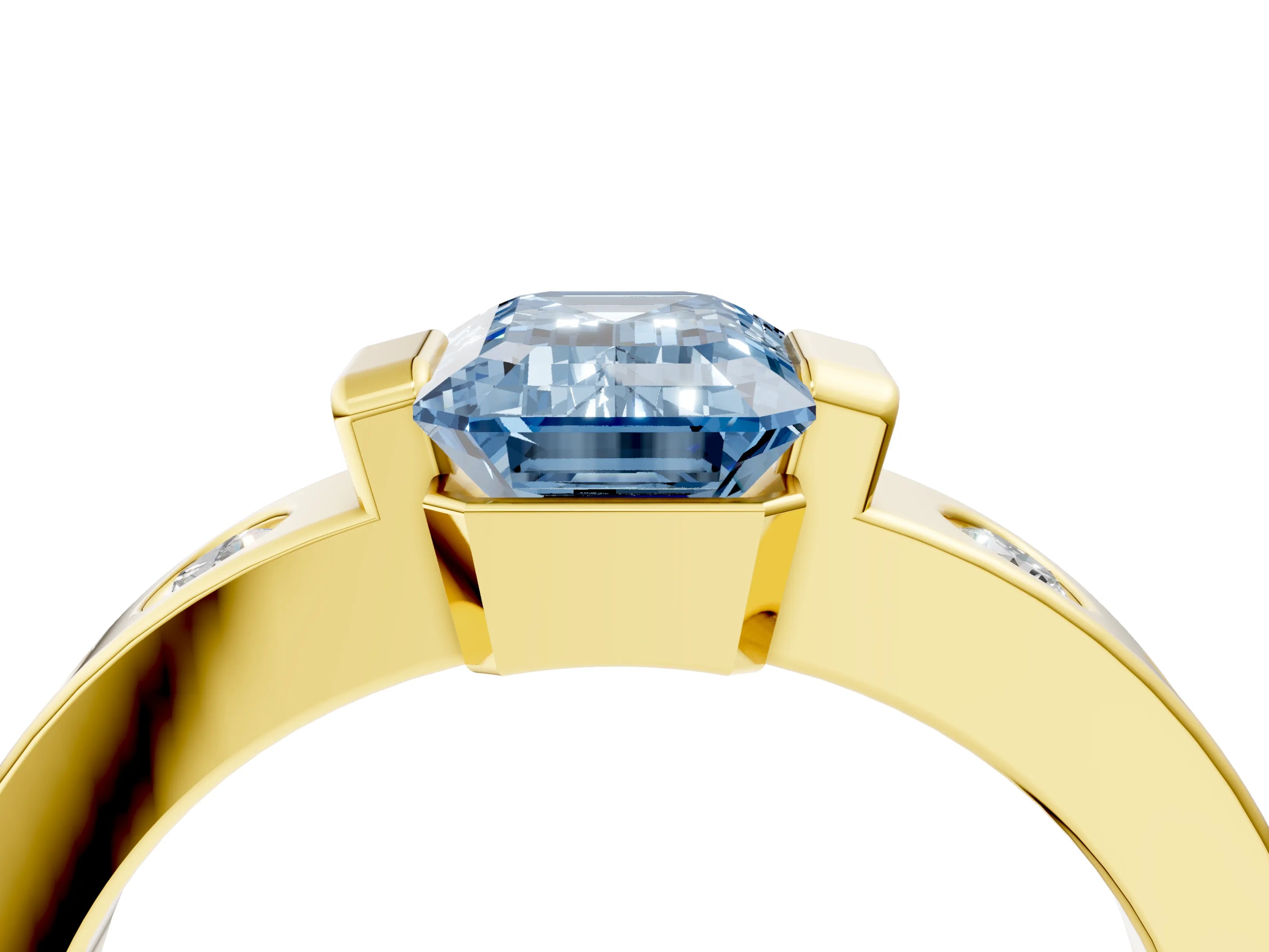 Yellow gold Fancy Blue Emerald Cut Brilliant Channel-Set Diamond Ring with Bezel Prong Setting_4