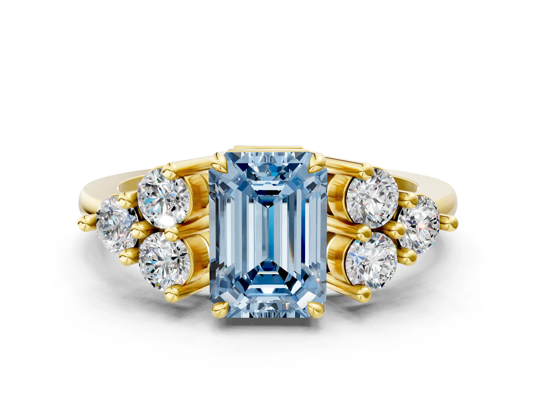 Yellow gold Fancy Blue Emerald Cut Brilliant Diamond Cluster Accent Solitaire Ring with Prong Setting