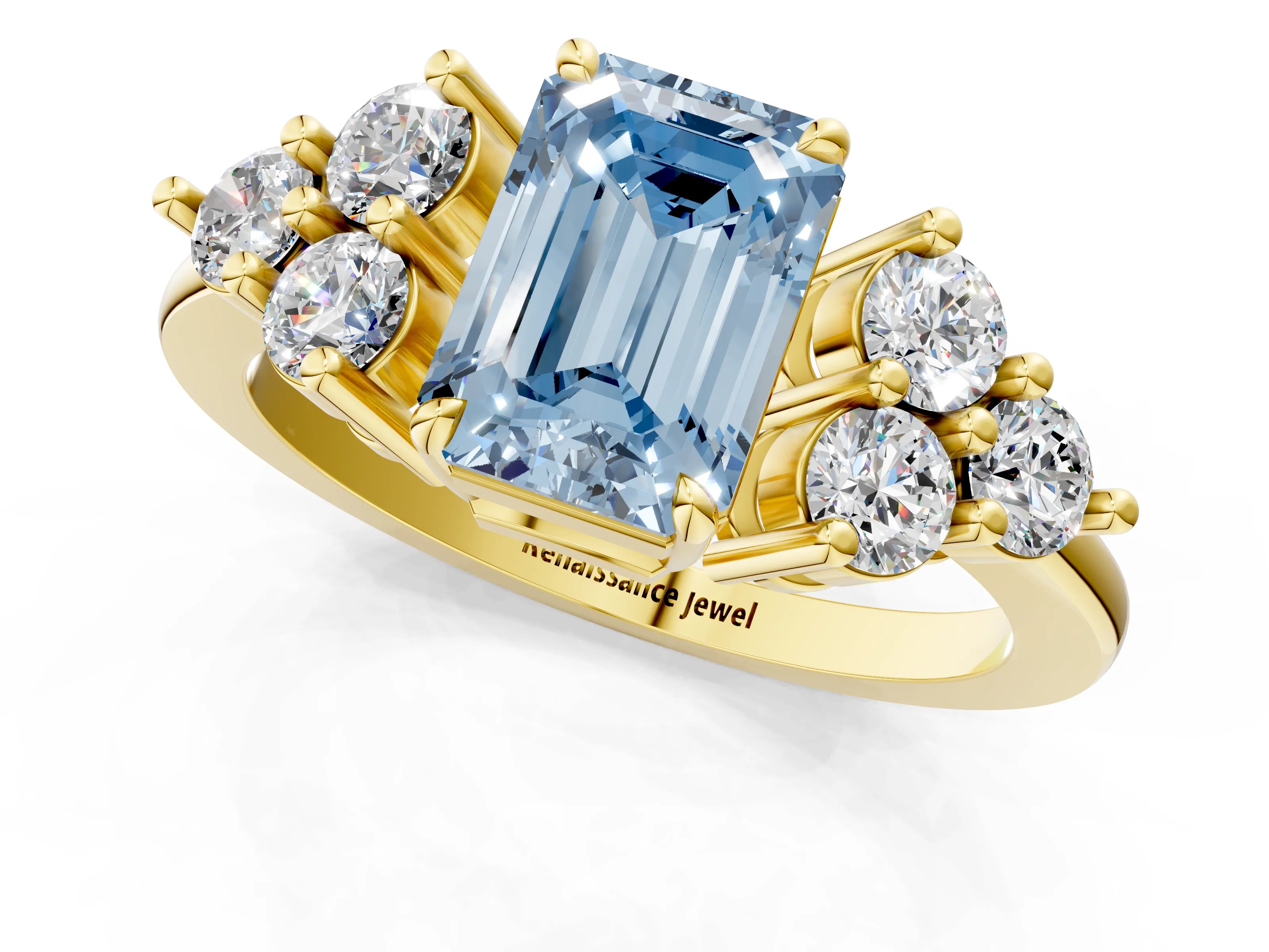 Yellow gold Fancy Blue Emerald Cut Brilliant Diamond Cluster Accent Solitaire Ring with Prong Setting_1