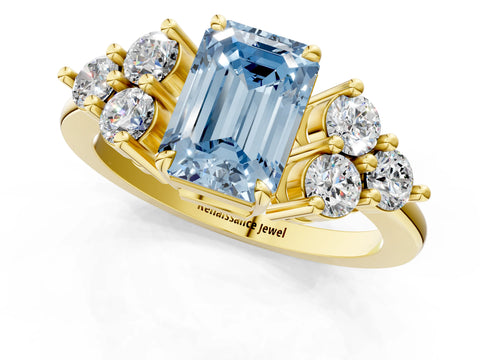 Yellow gold Fancy Blue Emerald Cut Brilliant Diamond Cluster Accent Solitaire Ring with Prong Setting_1