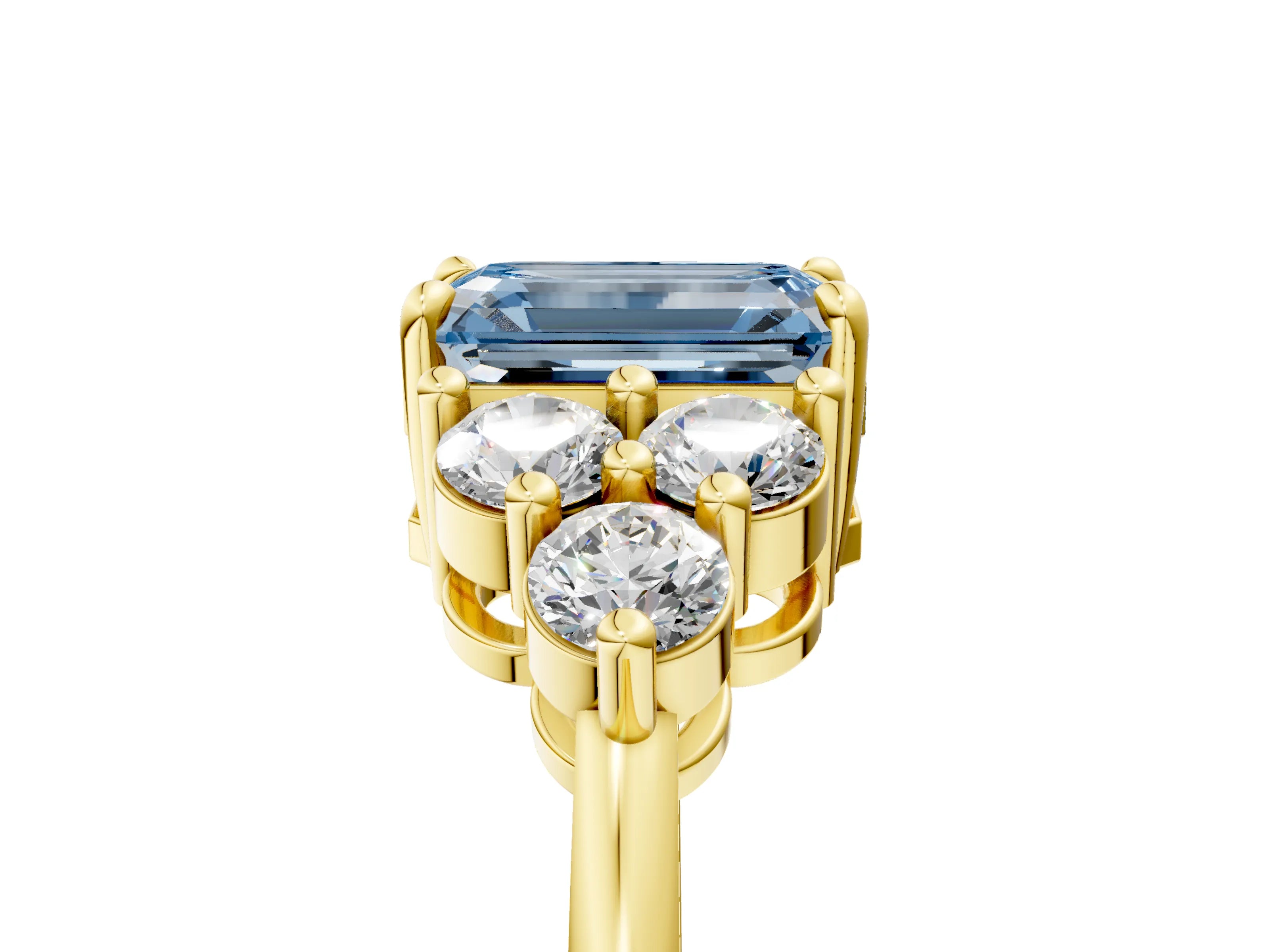 Yellow gold Fancy Blue Emerald Cut Brilliant Diamond Cluster Accent Solitaire Ring with Prong Setting_5