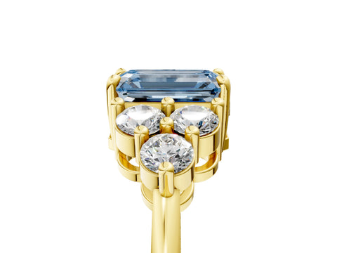 Yellow gold Fancy Blue Emerald Cut Brilliant Diamond Cluster Accent Solitaire Ring with Prong Setting_5