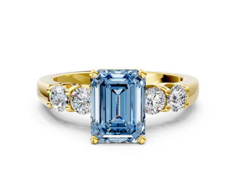 Yellow gold Fancy Blue Emerald Cut Brilliant Diamond Five-Stone Engagement Ring with Prong Setting on a Classic Band_3