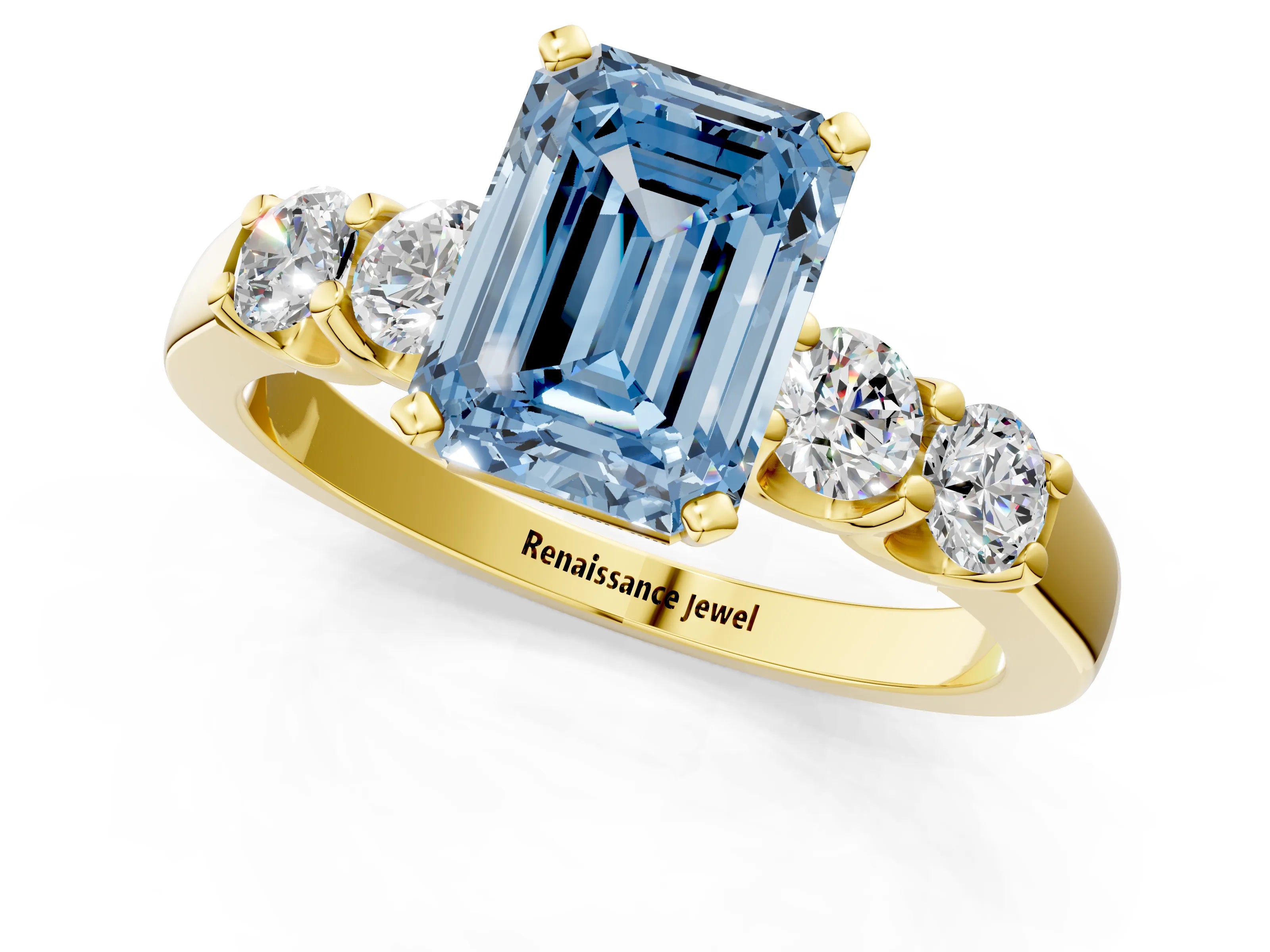 Yellow gold Fancy Blue Emerald Cut Brilliant Diamond Five-Stone Engagement Ring with Prong Setting on a Classic Band_4