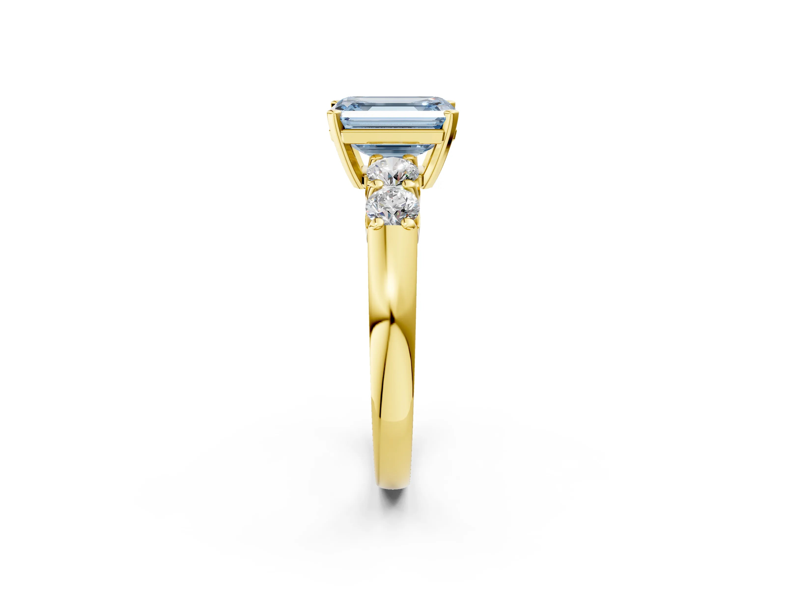 Yellow gold Fancy Blue Emerald Cut Brilliant Diamond Five-Stone Engagement Ring with Prong Setting on a Classic Band_5