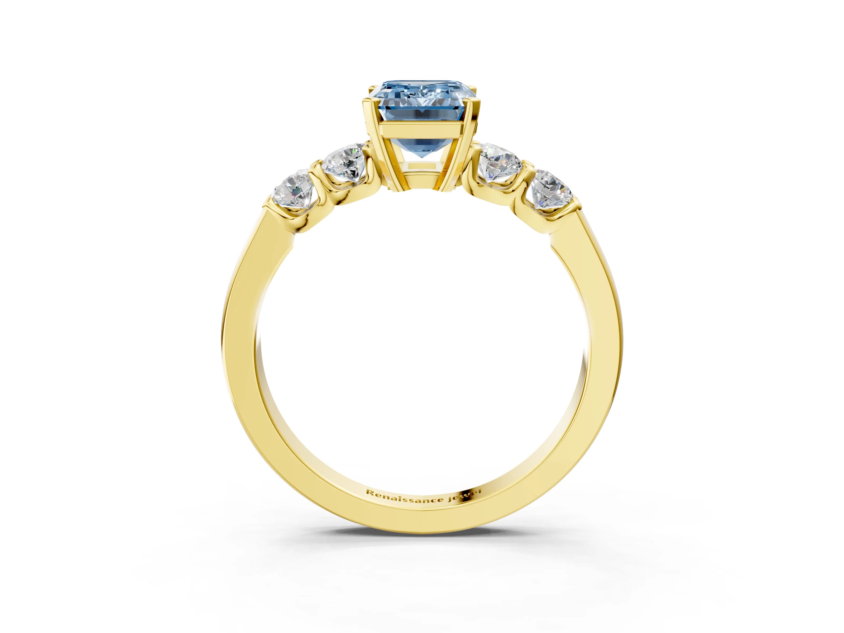 Yellow gold Fancy Blue Emerald Cut Brilliant Diamond Five-Stone Engagement Ring with Prong Setting on a Classic Band_6