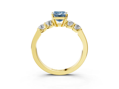 Yellow gold Fancy Blue Emerald Cut Brilliant Diamond Five-Stone Engagement Ring with Prong Setting on a Classic Band_6