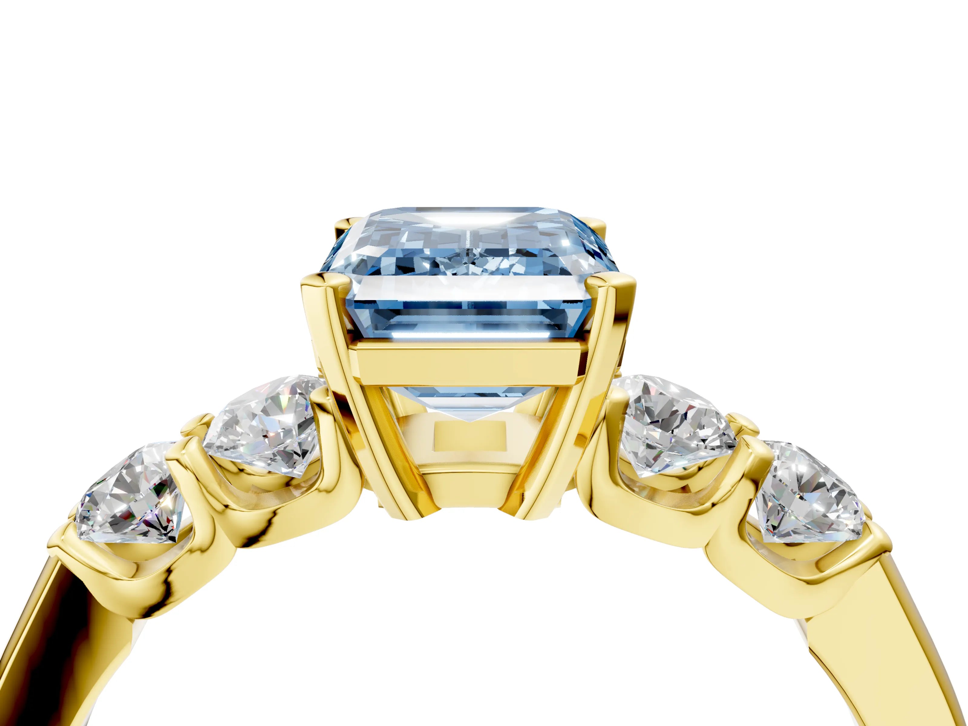 Yellow gold Fancy Blue Emerald Cut Brilliant Diamond Five-Stone Engagement Ring with Prong Setting on a Classic Band_7