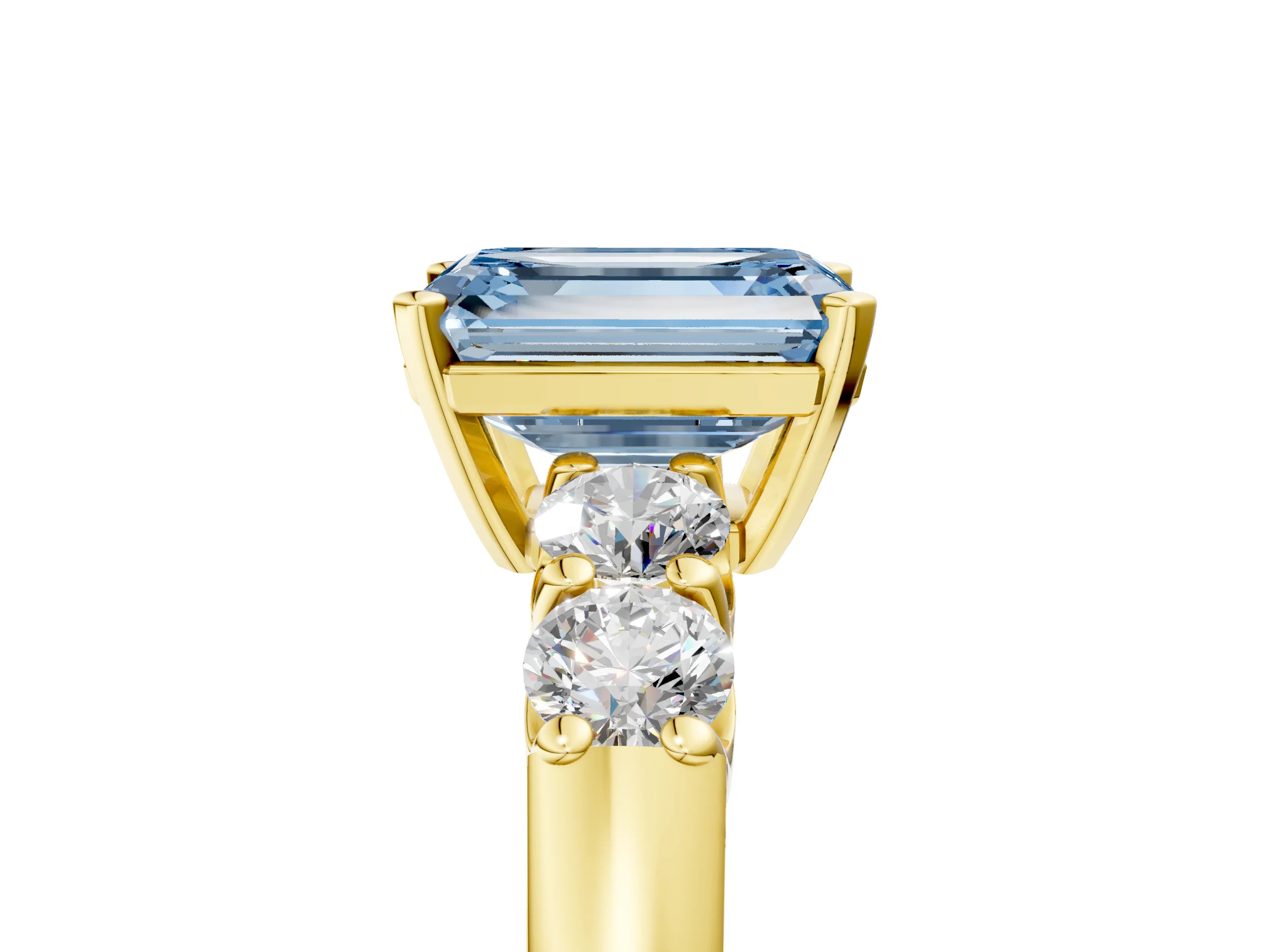 Yellow gold Fancy Blue Emerald Cut Brilliant Diamond Five-Stone Engagement Ring with Prong Setting on a Classic Band_8