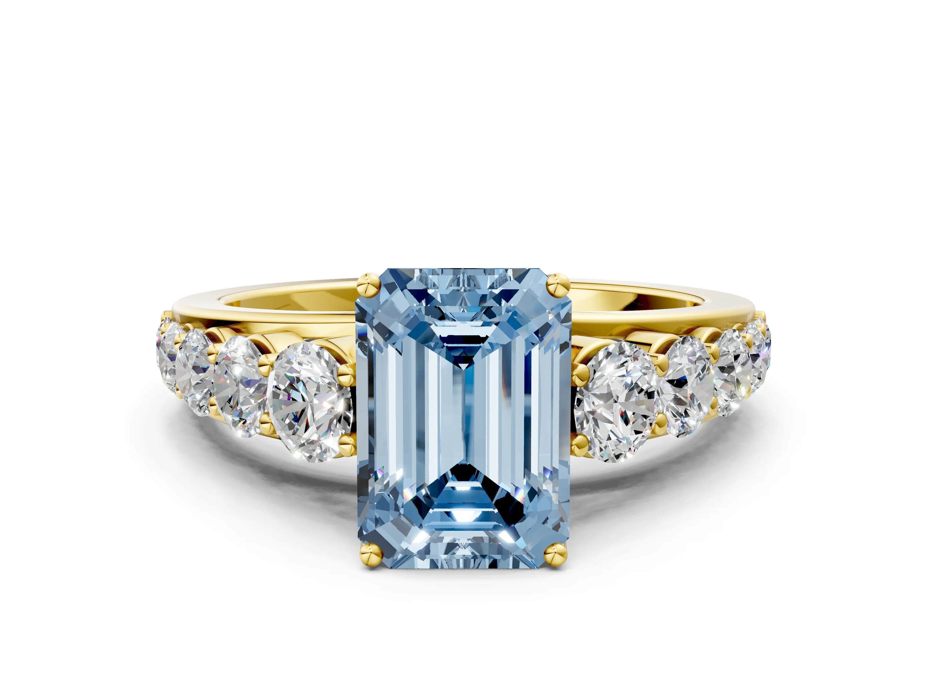 Yellow gold Fancy Blue Emerald Cut Brilliant Diamond Pavé Band with Six-Prong Setting