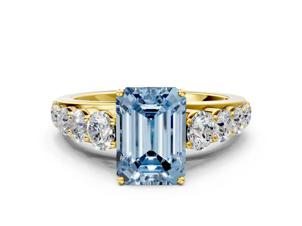 Yellow gold Fancy Blue Emerald Cut Brilliant Diamond Pavé Band with Six-Prong Setting