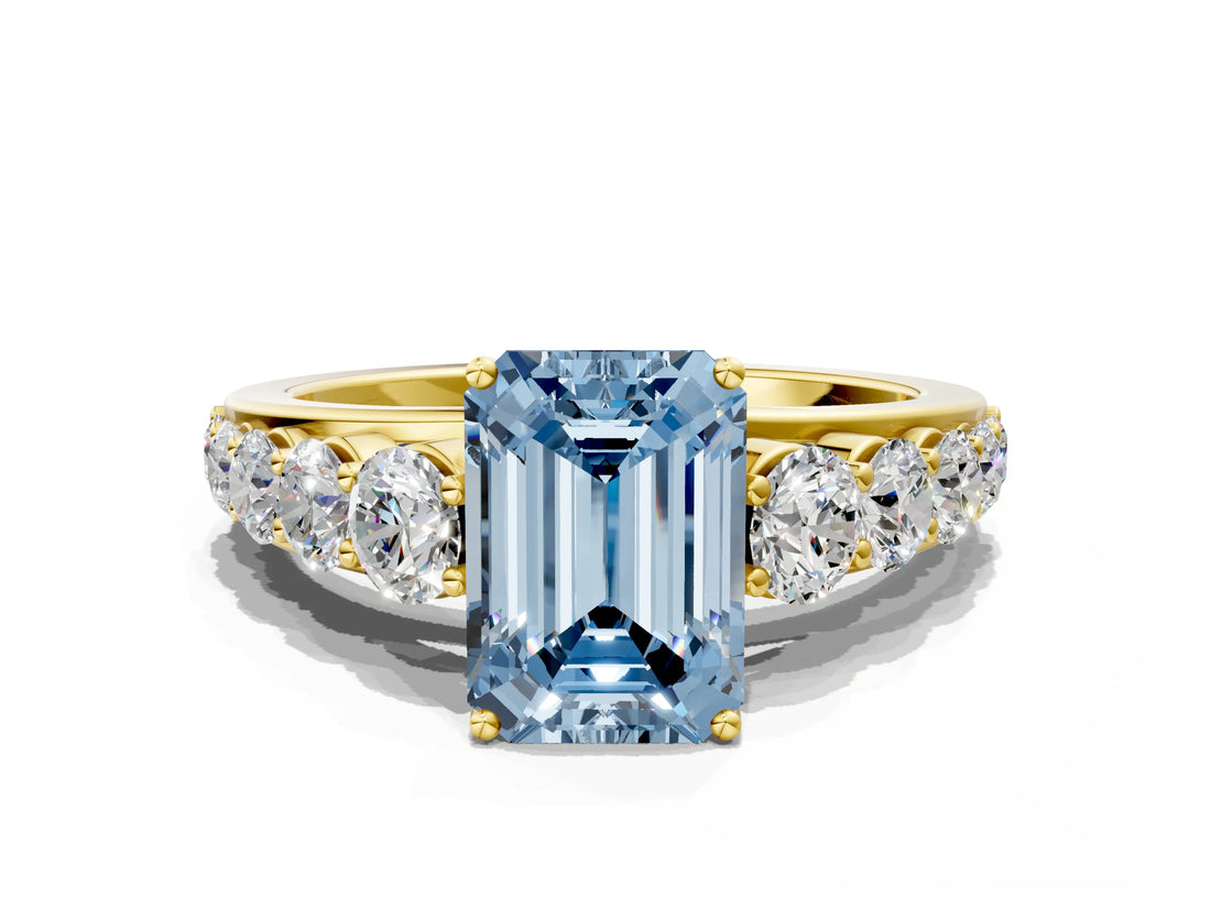 Yellow gold Fancy Blue Emerald Cut Brilliant Diamond Pavé Band with Six-Prong Setting_12