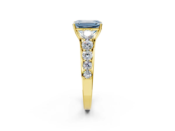Yellow gold Fancy Blue Emerald Cut Brilliant Diamond Pavé Band with Six-Prong Setting