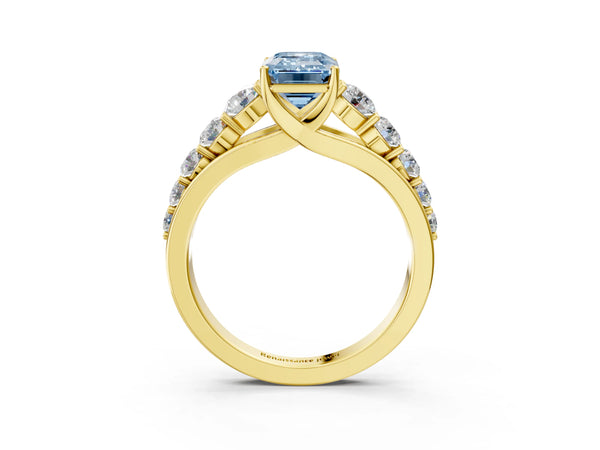 Yellow gold Fancy Blue Emerald Cut Brilliant Diamond Pavé Band with Six-Prong Setting