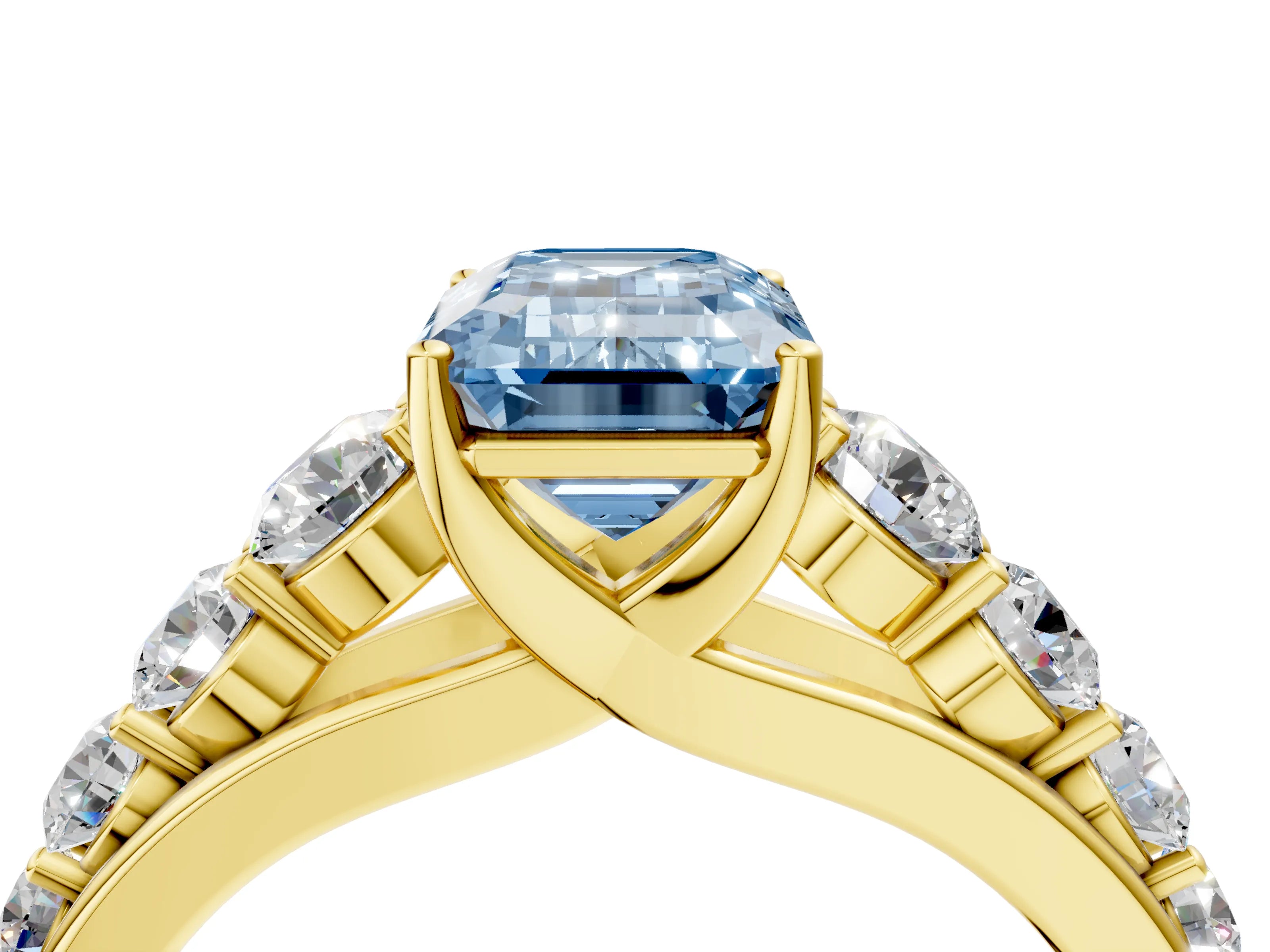 Yellow gold Fancy Blue Emerald Cut Brilliant Diamond Pavé Band with Six-Prong Setting_4