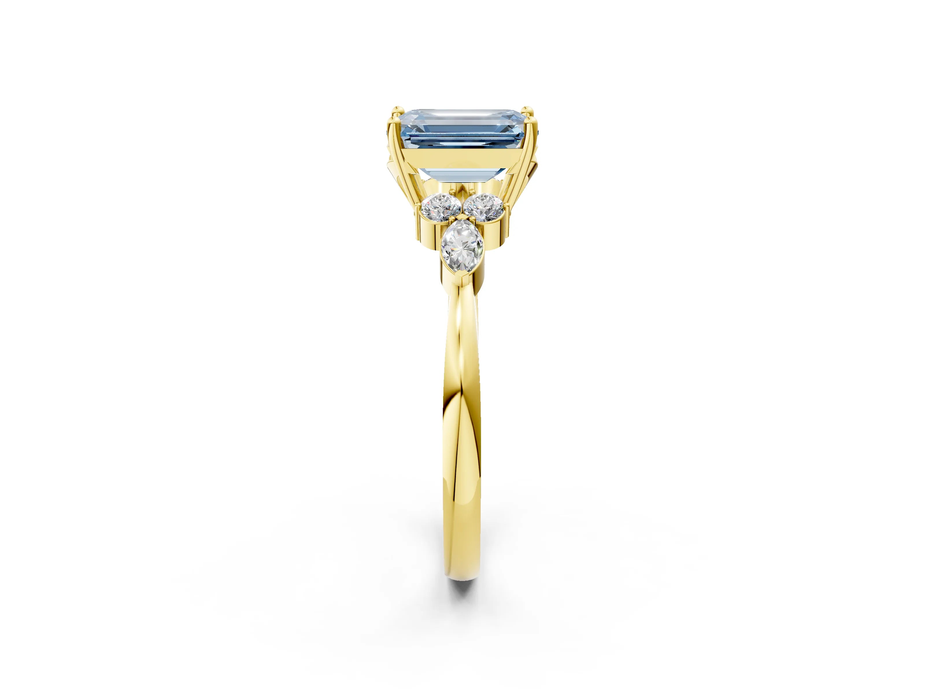 Yellow gold Fancy Blue Emerald Cut Brilliant Diamond Solitaire Ring with Pear Side Stones and Four-Prong Setting_5