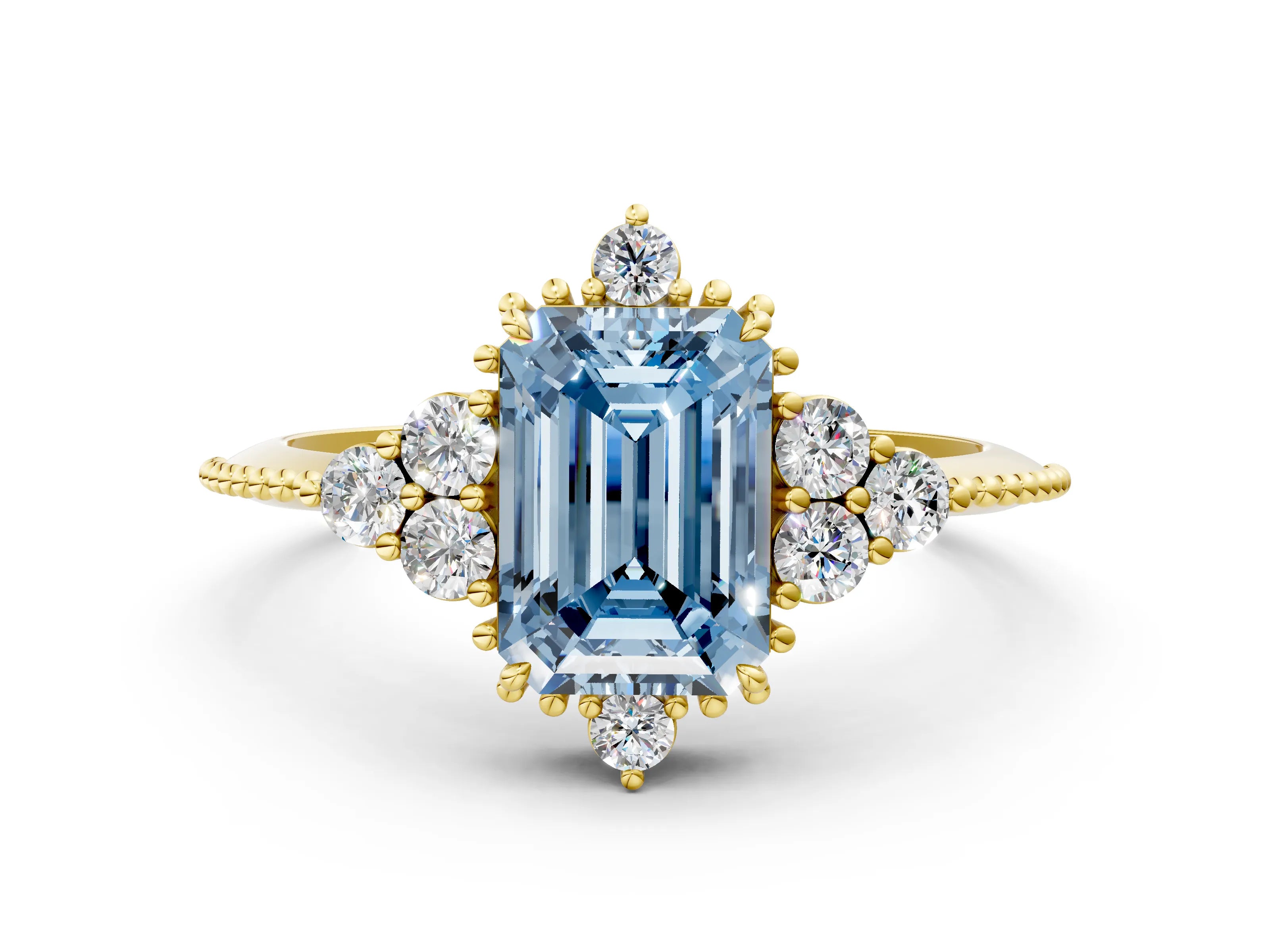 Yellow gold Fancy Blue Emerald Cut Brilliant Diamond with Cluster Setting on a Beaded Band and Four-Prong Setting