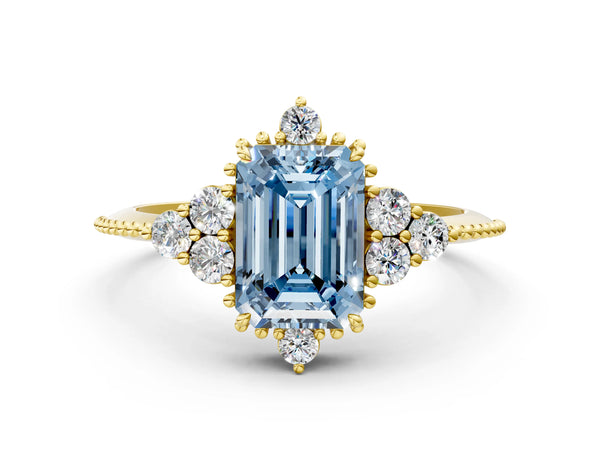 Yellow Gold Emerald Cut Beaded Cluster Engagement Ring Setting for Fancy Blue Center