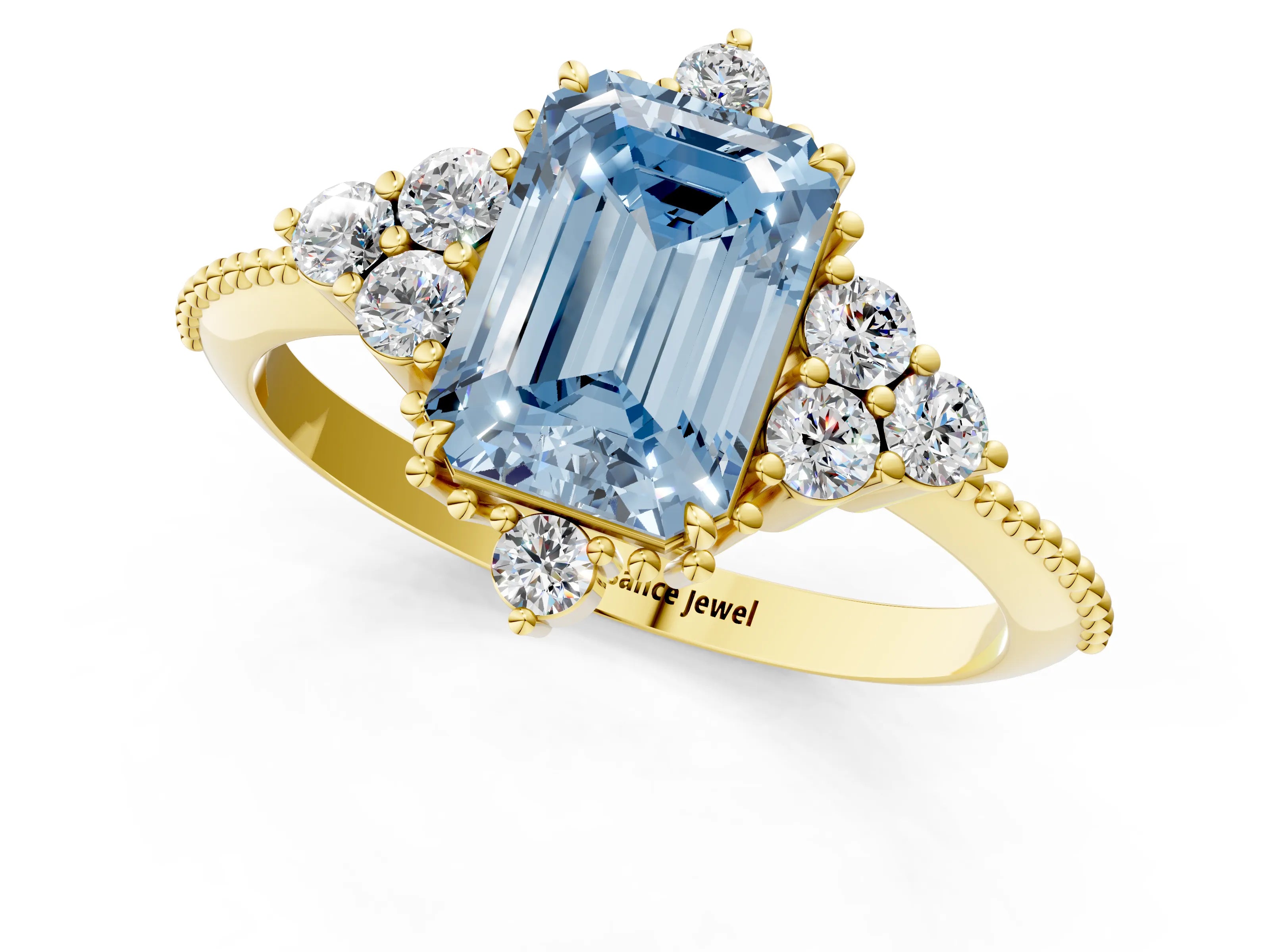 Yellow gold Fancy Blue Emerald Cut Brilliant Diamond with Cluster Setting on a Beaded Band and Four-Prong Setting_1