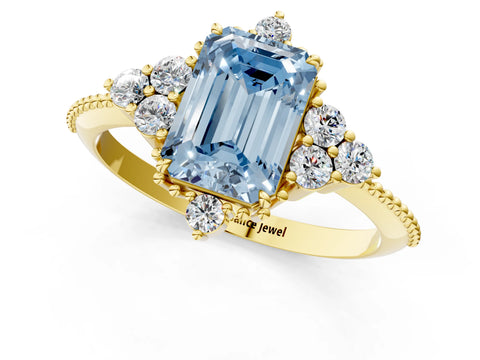 Yellow gold Fancy Blue Emerald Cut Brilliant Diamond with Cluster Setting on a Beaded Band and Four-Prong Setting_1