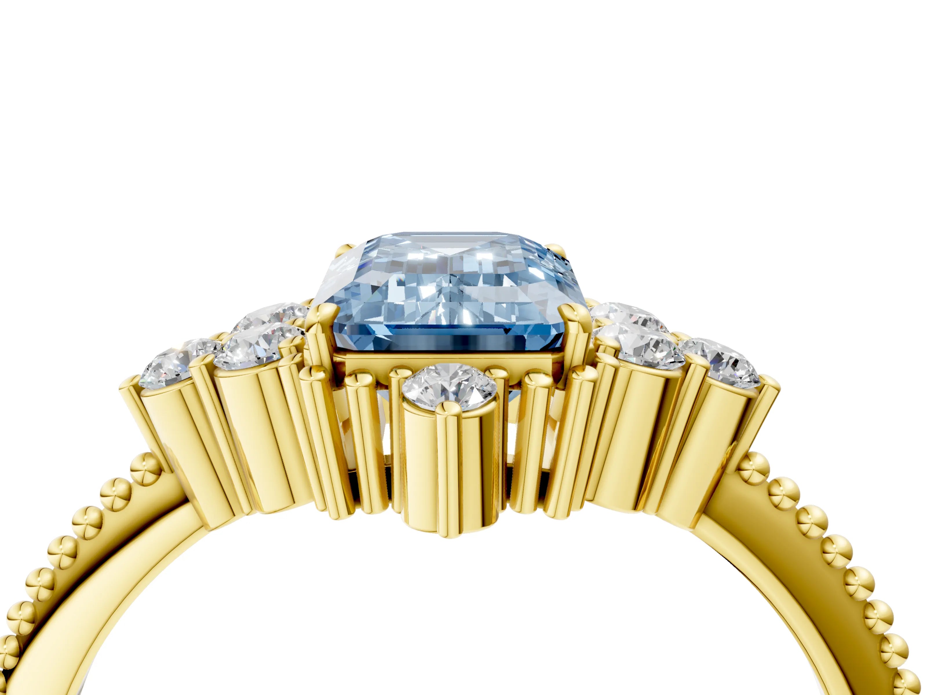 Yellow gold Fancy Blue Emerald Cut Brilliant Diamond with Cluster Setting on a Beaded Band and Four-Prong Setting_4