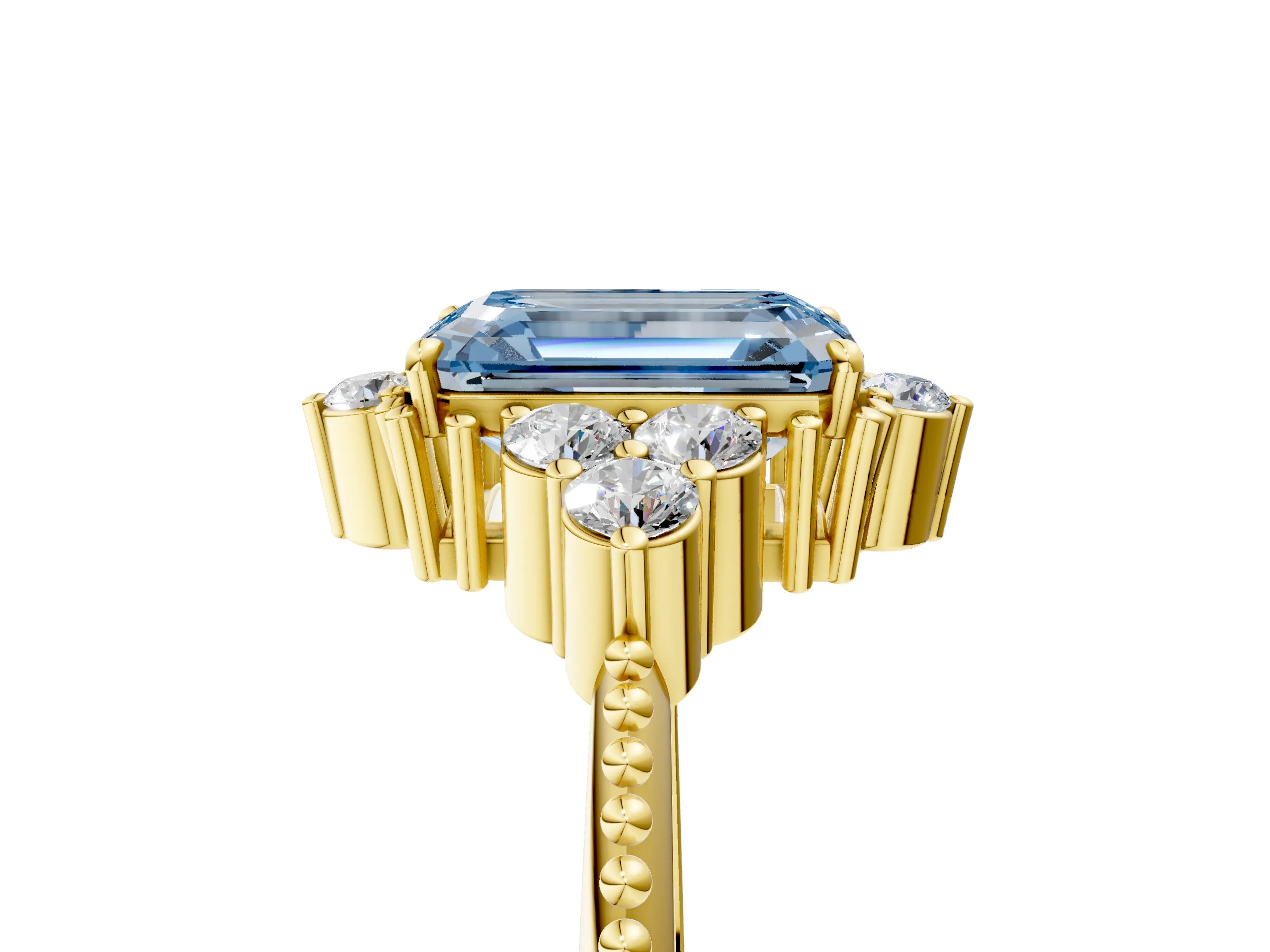Yellow gold Fancy Blue Emerald Cut Brilliant Diamond with Cluster Setting on a Beaded Band and Four-Prong Setting_5