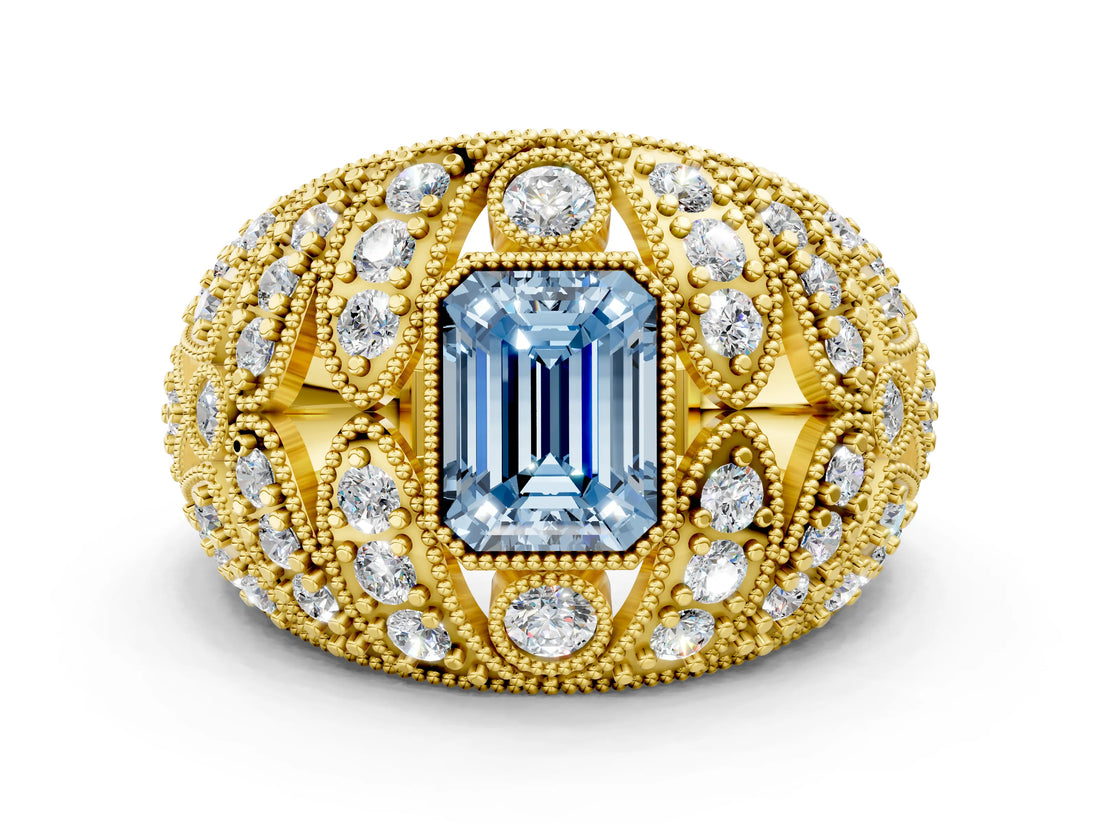 Yellow gold Fancy Blue Emerald Cut Brilliant Halo Pave Diamond Milgrain Ring