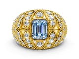 Yellow gold Fancy Blue Emerald Cut Brilliant Halo Pave Diamond Milgrain Ring