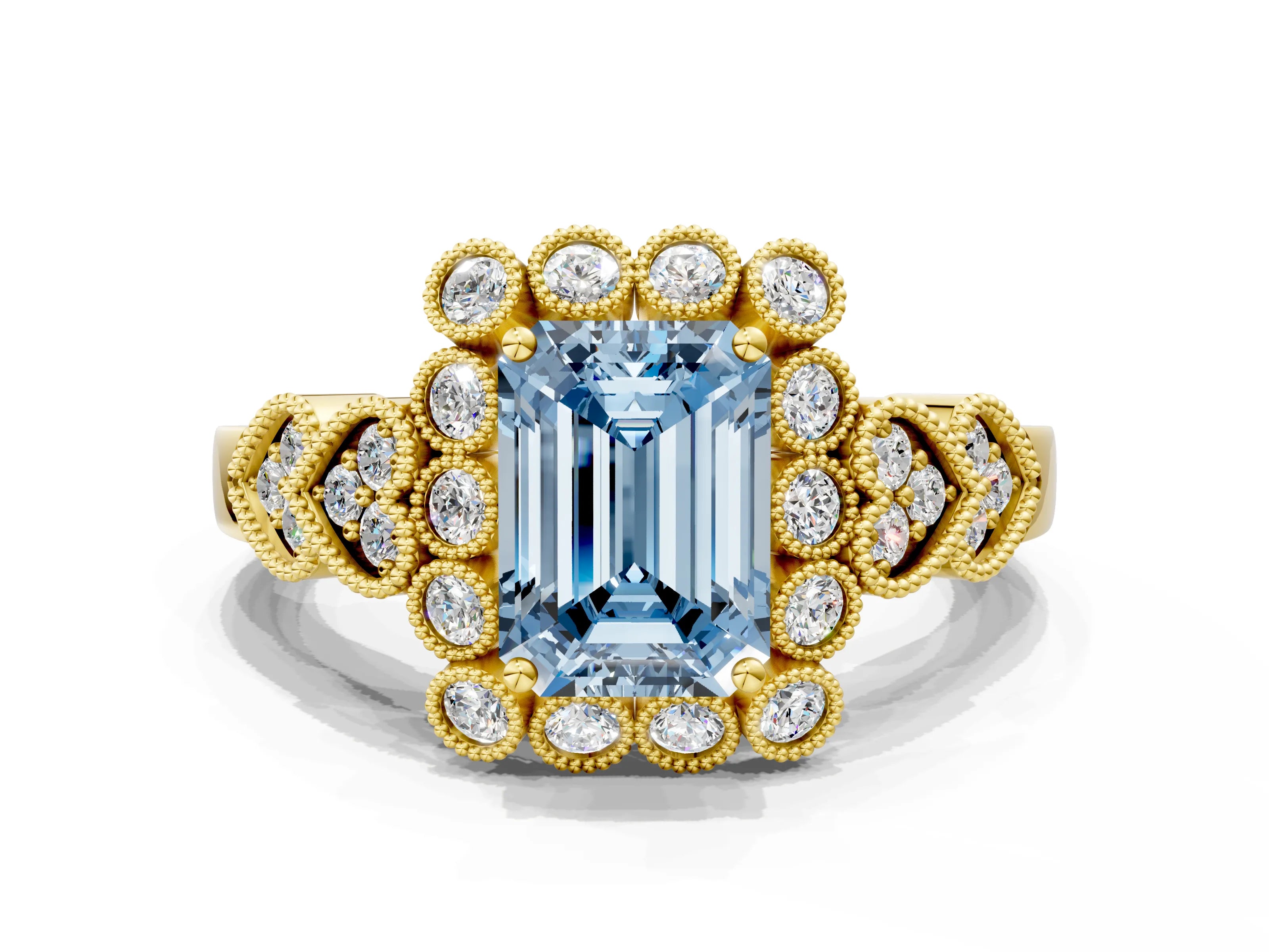 Yellow gold Fancy Blue Emerald Cut Brilliant Milgrain Pave Heart Band Solitaire Ring