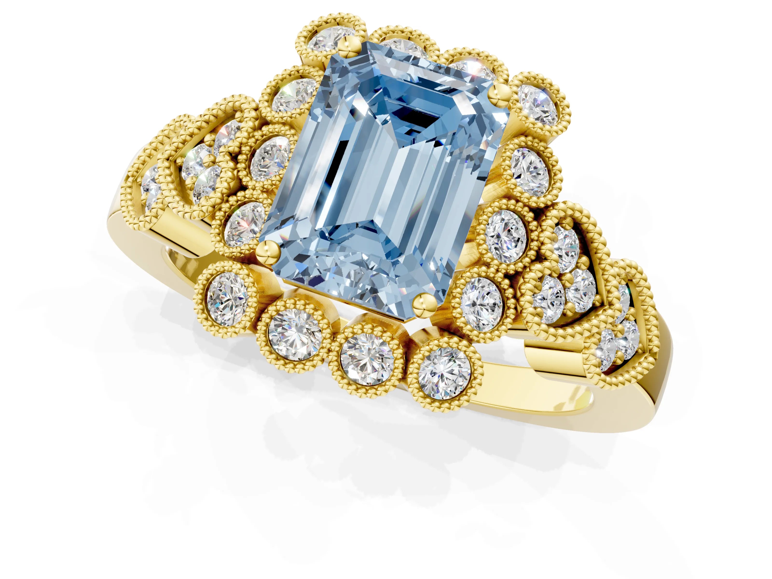 Yellow gold Fancy Blue Emerald Cut Brilliant Milgrain Pave Heart Band Solitaire Ring_1