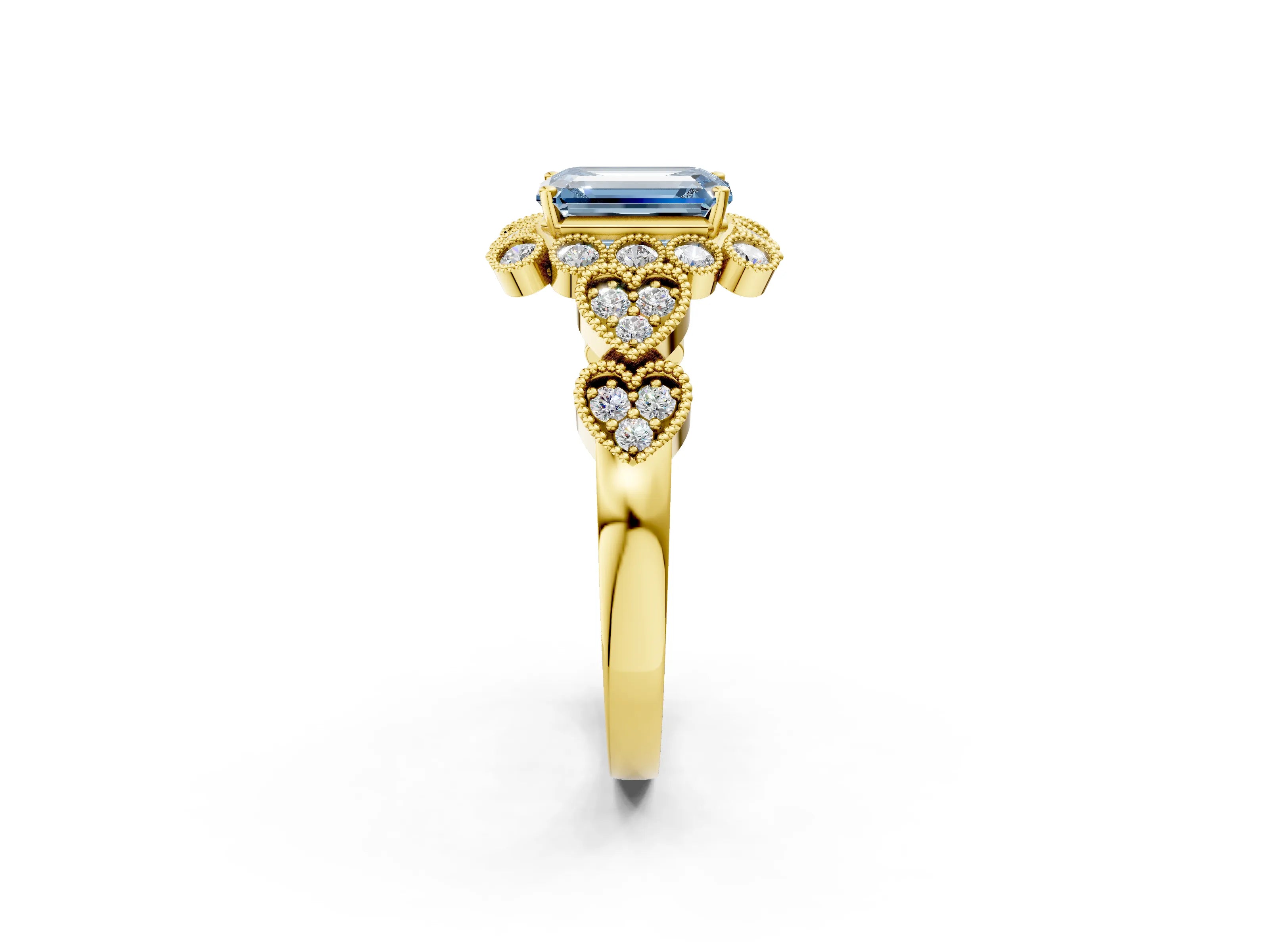 Yellow gold Fancy Blue Emerald Cut Brilliant Milgrain Pave Heart Band Solitaire Ring_2