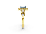 Yellow gold Fancy Blue Emerald Cut Brilliant Milgrain Pave Heart Band Solitaire Ring_2