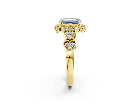 Yellow gold Fancy Blue Emerald Cut Brilliant Milgrain Pave Heart Band Solitaire Ring_2
