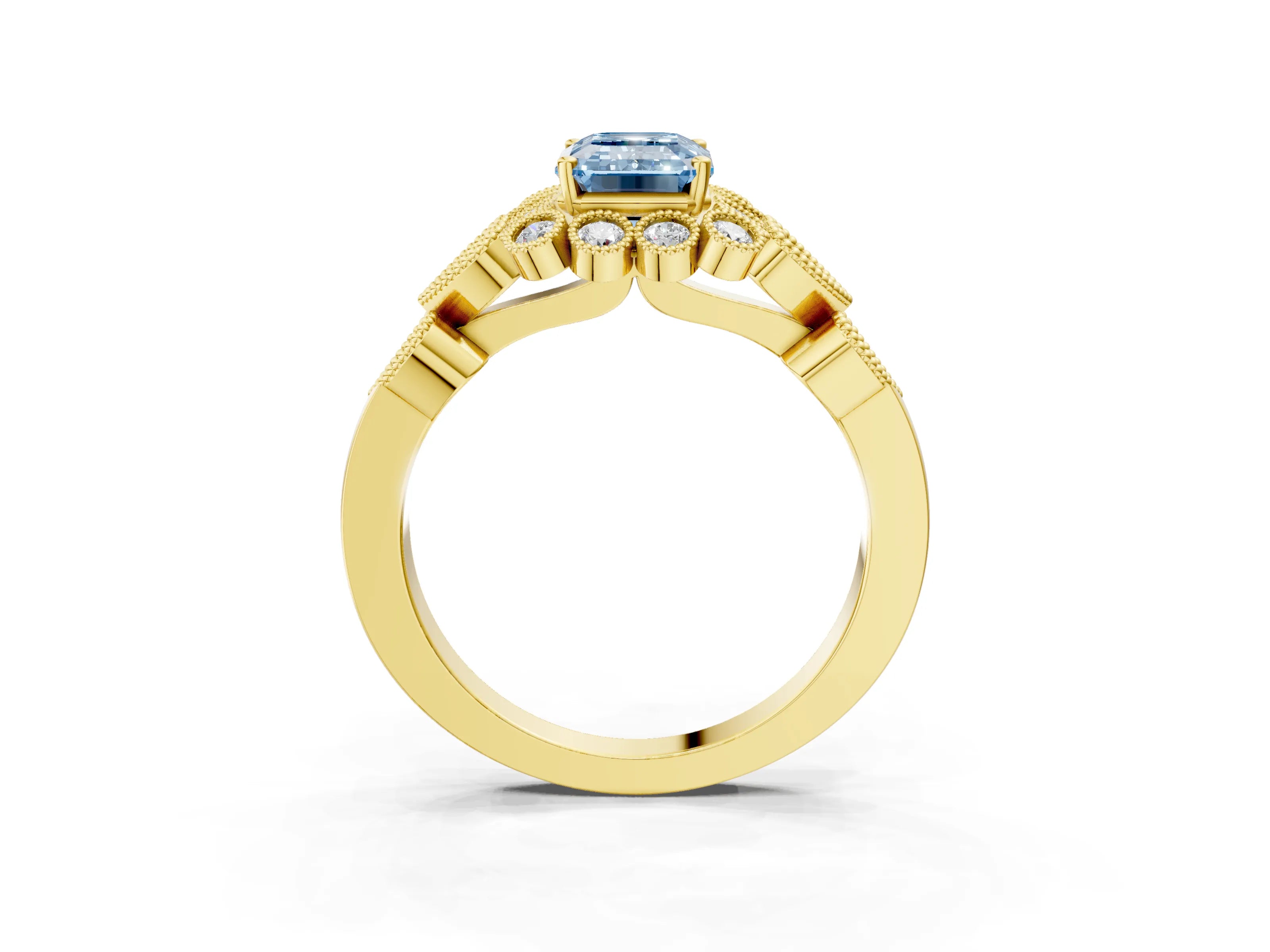 Yellow gold Fancy Blue Emerald Cut Brilliant Milgrain Pave Heart Band Solitaire Ring_3