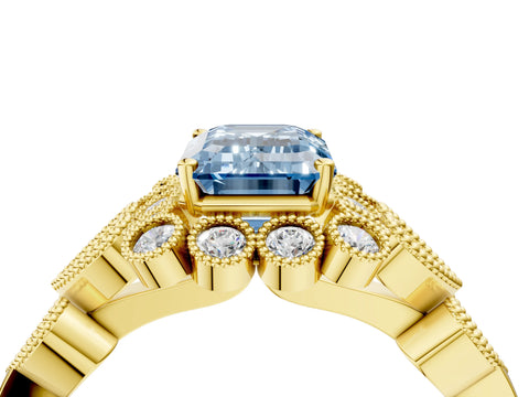 Yellow gold Fancy Blue Emerald Cut Brilliant Milgrain Pave Heart Band Solitaire Ring_4