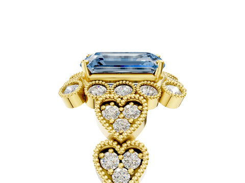 Yellow gold Fancy Blue Emerald Cut Brilliant Milgrain Pave Heart Band Solitaire Ring_5