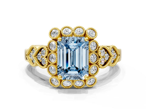 Yellow gold Fancy Blue Emerald Cut Brilliant Milgrain Pave Heart Band Solitaire Ring