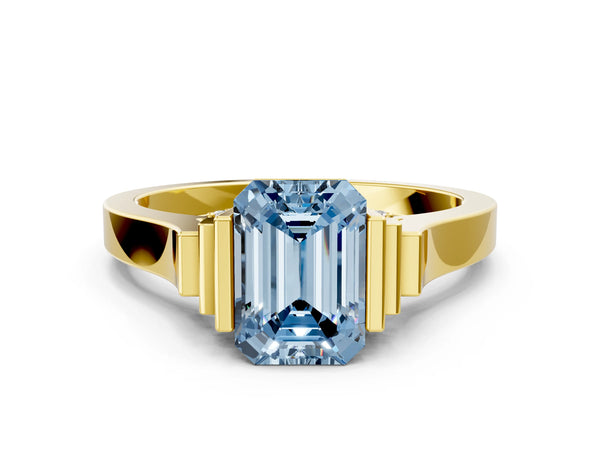 Yellow gold Fancy Blue Emerald Cut Brilliant Solitaire Diamond Ring with Channel Set Band and Bar Prong Setting