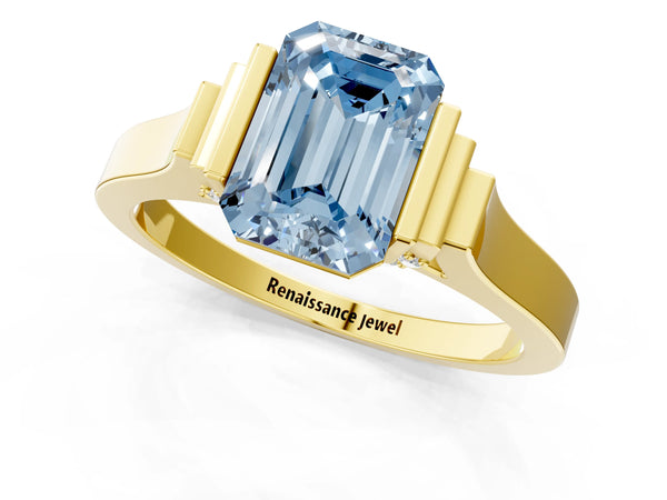 Yellow gold Fancy Blue Emerald Cut Brilliant Solitaire Diamond Ring with Channel Set Band and Bar Prong Setting