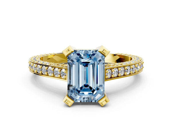 Yellow gold Fancy Blue Emerald Cut Brilliant Split Shank Pave Solitaire Ring with Four-Prong Setting