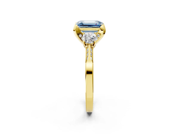 Yellow Gold Emerald Cut Three Stone Hidden Halo Engagement Ring Setting for Fancy Blue Center
