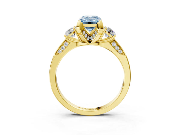 Yellow Gold Emerald Cut Three Stone Hidden Halo Engagement Ring Setting for Fancy Blue Center