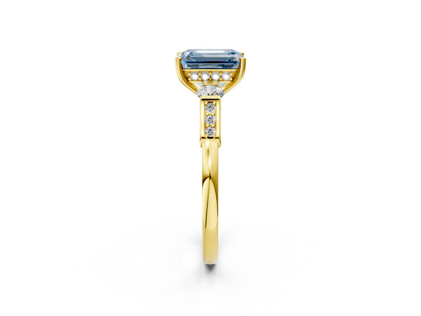 Yellow gold Fancy Blue Emerald Cut Brilliant Three-Stone Pave Band with Four-Prong Setting