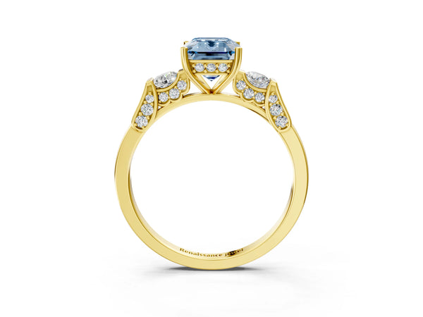Yellow gold Fancy Blue Emerald Cut Brilliant Three-Stone Pave Band with Four-Prong Setting