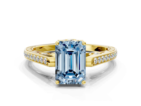 Yellow gold Fancy Blue Emerald  Cut Cathedral Pave Diamond Engagement Ring with Six-Prong Setting