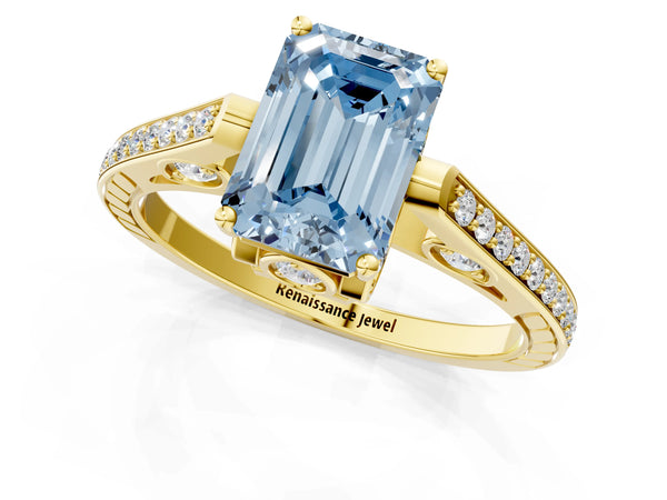 Yellow gold Fancy Blue Emerald  Cut Cathedral Pave Diamond Engagement Ring with Six-Prong Setting